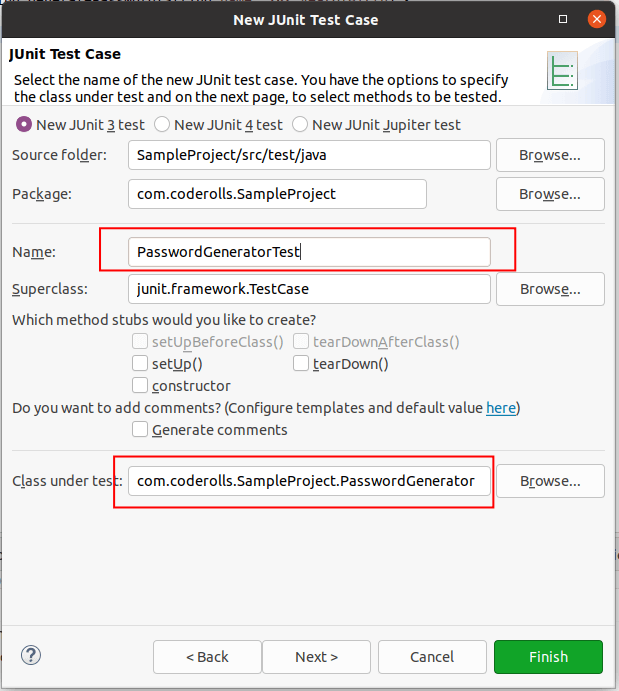 Naming Junit Test Case and Adding Class Under Test