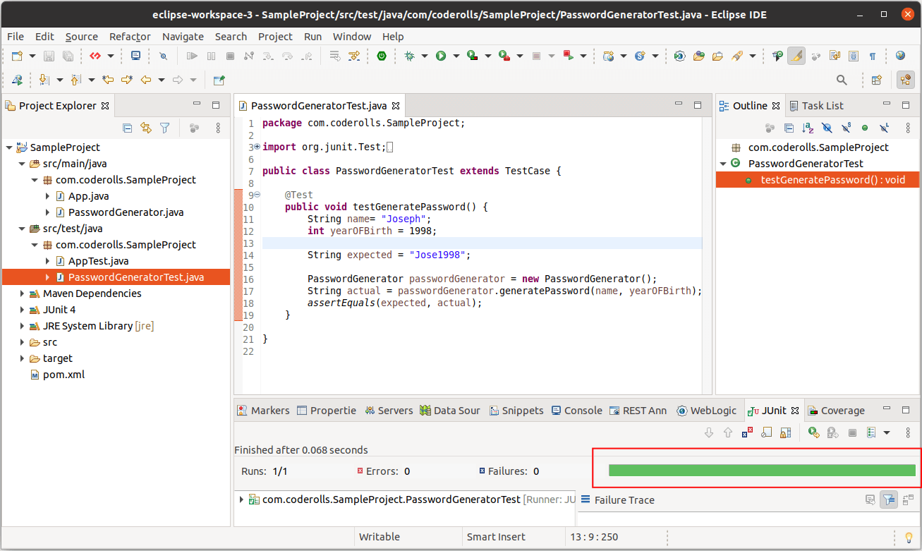 Green Bar showing the JUnit Test Case Success