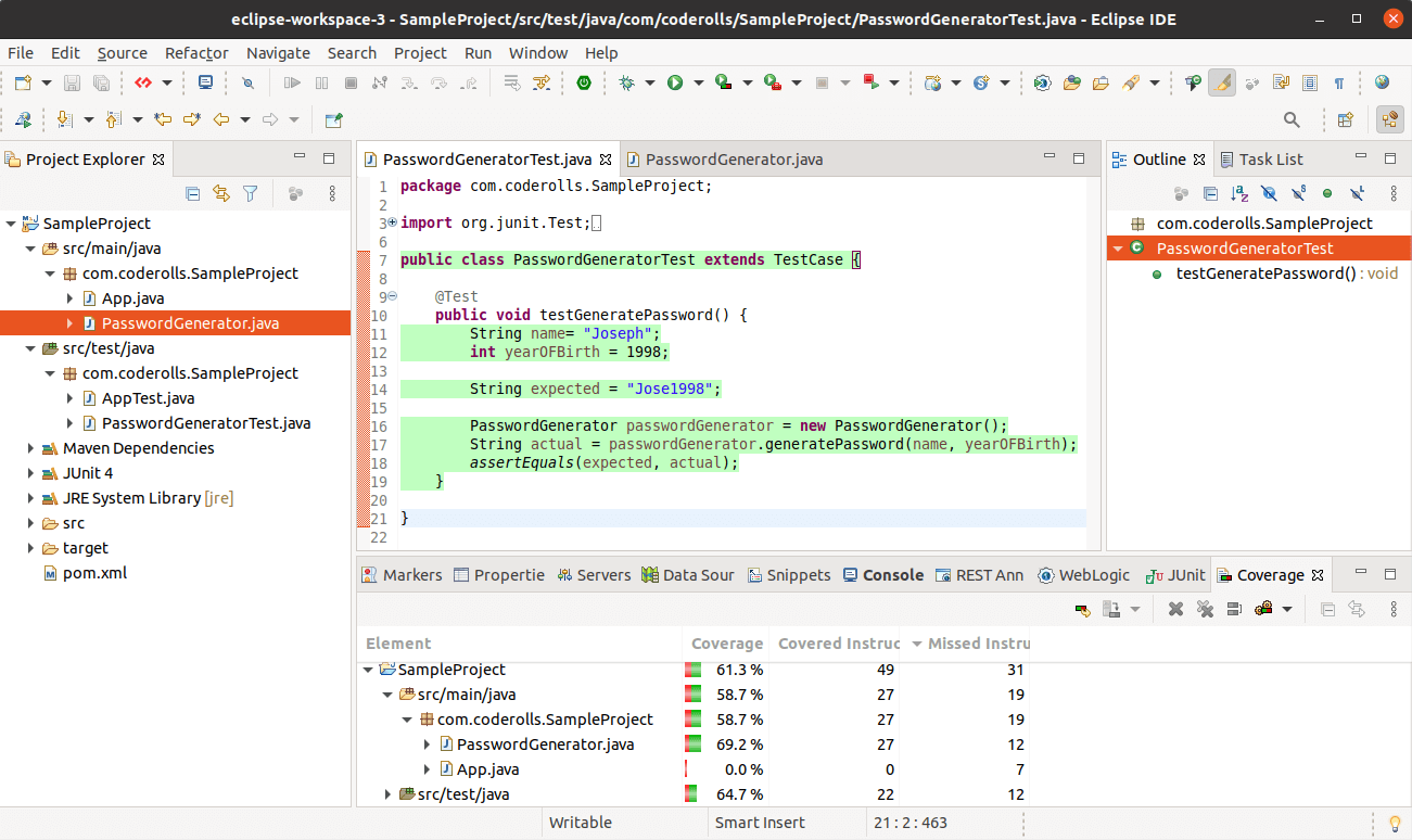 JUnit Test Case code is green