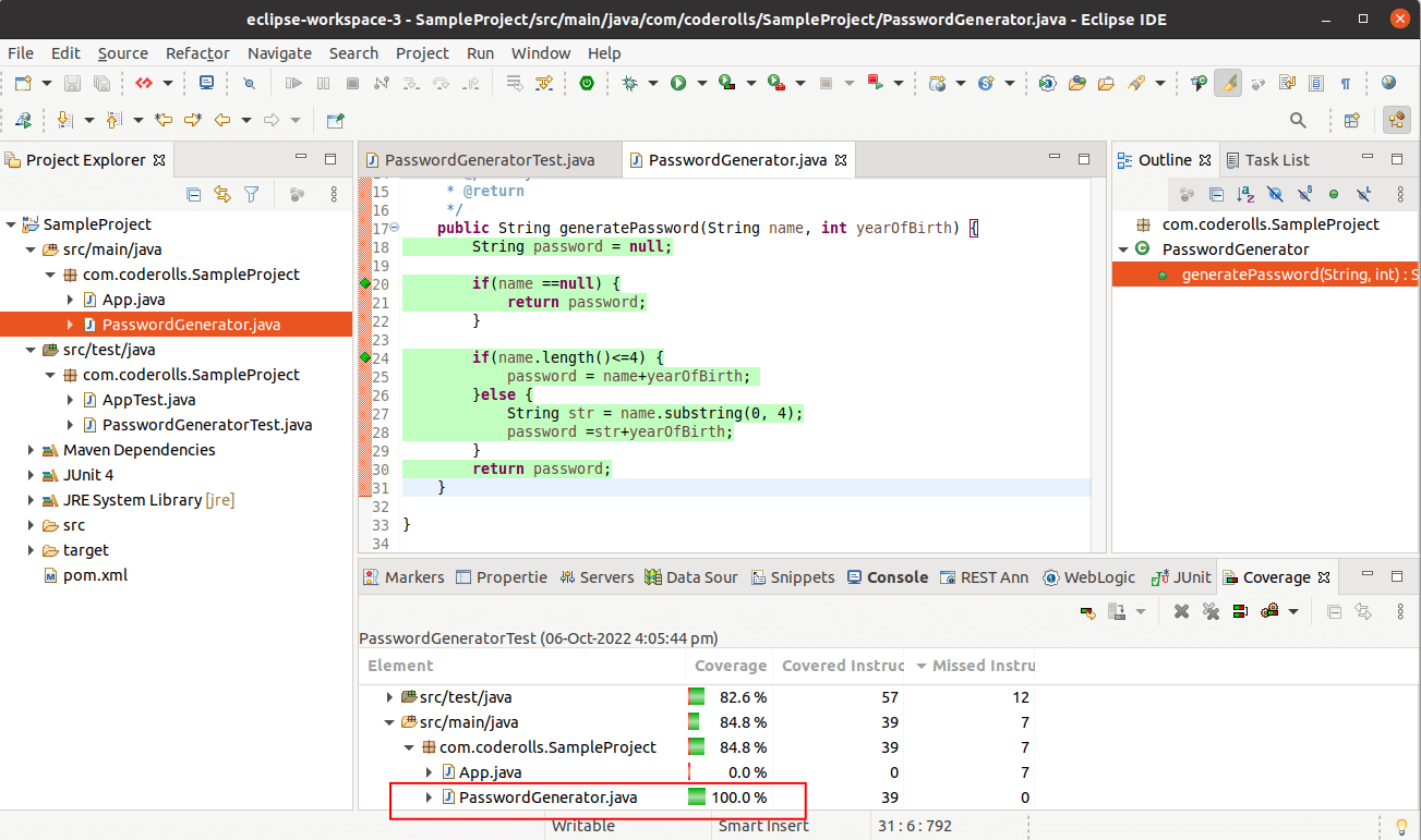 Showing All code covered and code coverage percentage